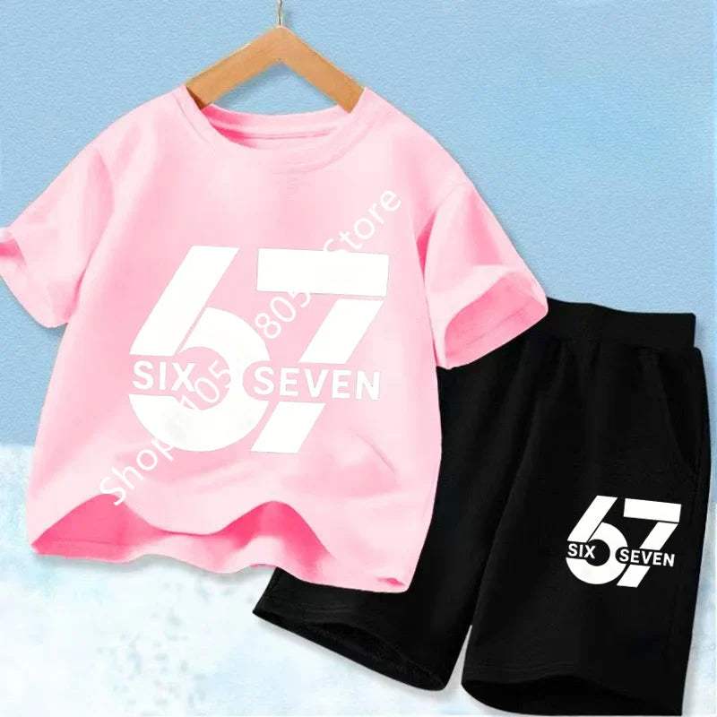 New 67 Number Six Seven Print Kids Cool Summer T-shirt 3-12Yrs Clothes Cartoon Short-sleeved+Shorts Boys Girls Sports Casual Set