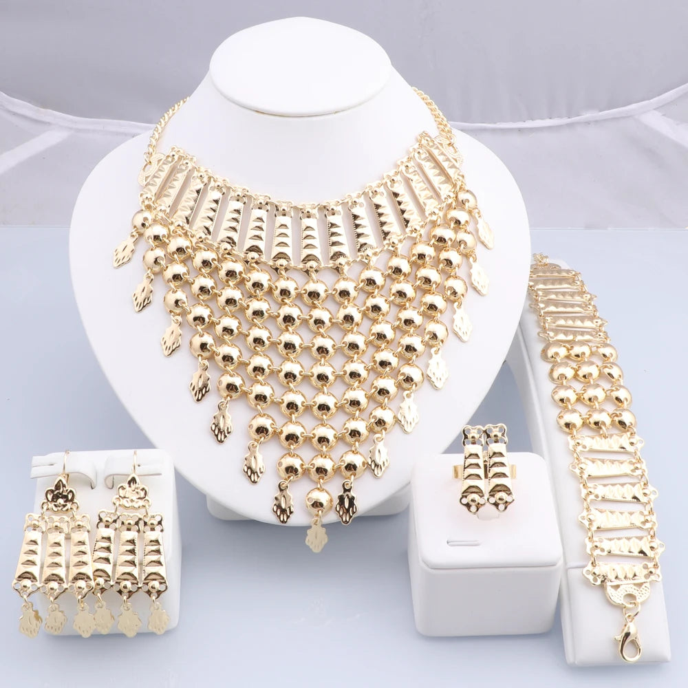Novo Conjunto de Joias Banhado a Prata com Franjas, Colar, Brincos, Pulseira e Anel para Mulheres, Correntes de Noiva, Joias de Casamento Étnicas, Presentes para Noivas