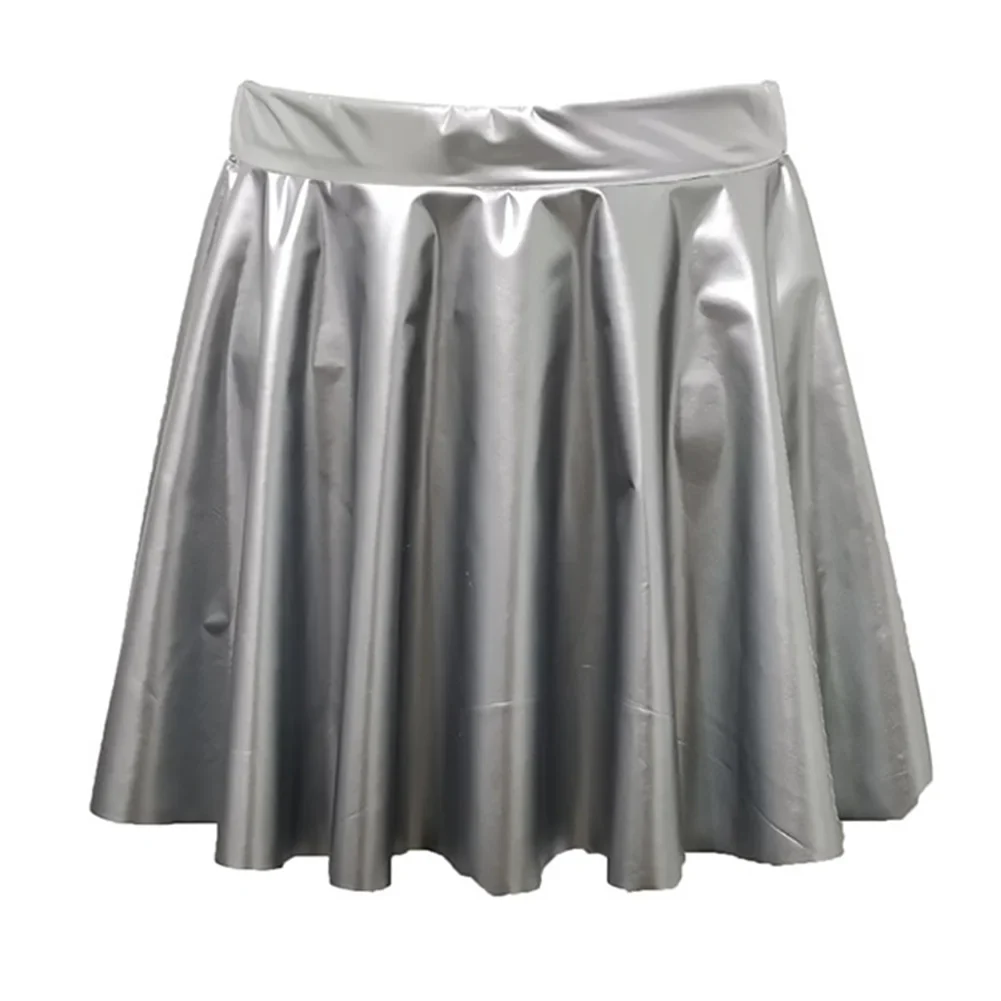 Women PVC Leather Skirt Pleated Short Skirt Flared A Line Skater Skirts Clubwear Dance Elastic Latex Mini Glossy Short Dress
