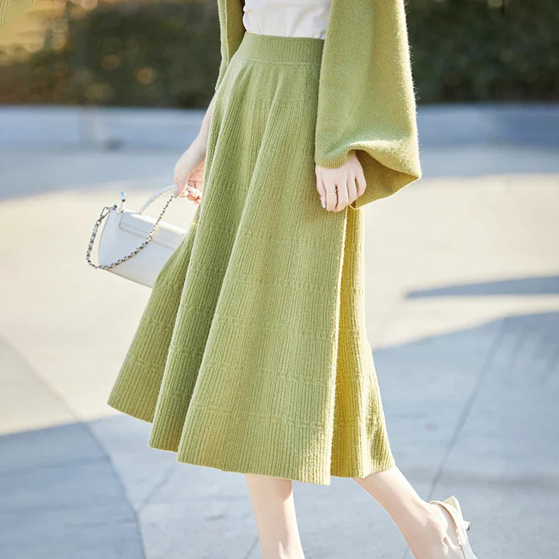 Autumn And Winter High Waist 100% Pure Wool Skirt Female Slim Long Knitted Wool Skirt Loose Wearing A-Line Skirt