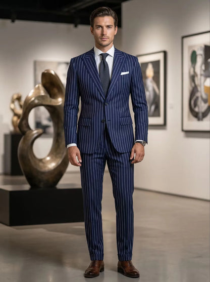 Two Piece Pinstripe Men's Suit Slim Fit for Formal Wedding Tuxedo Notched Lapel Navy Blue Striped Business Groom Male Fashion