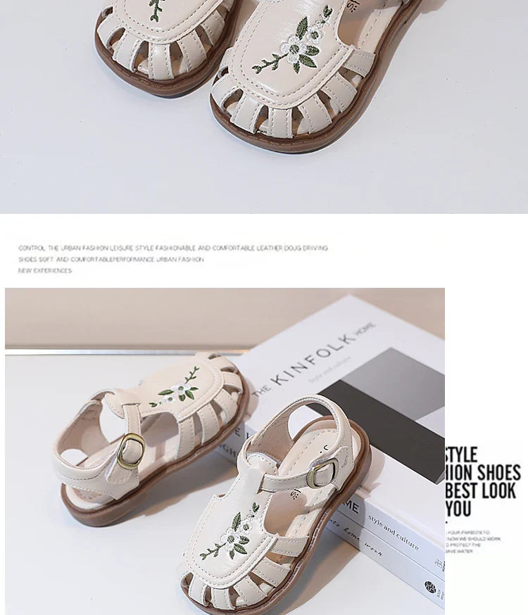 Traditional Chinese Embroidery Kids Shoes for Girl Sandals Summe Retro Princess Shoes Roman Style Girls Leather Shoes Kid F05173