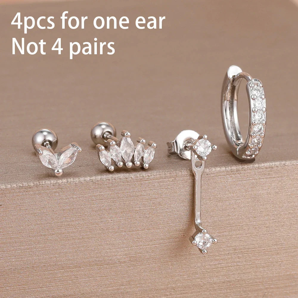 4PCS Stainless Steel Circle Huggie Hoop Earrings Set for Women Gold Color Unique Zircon Flower Stud Earring Piercing Jewelry