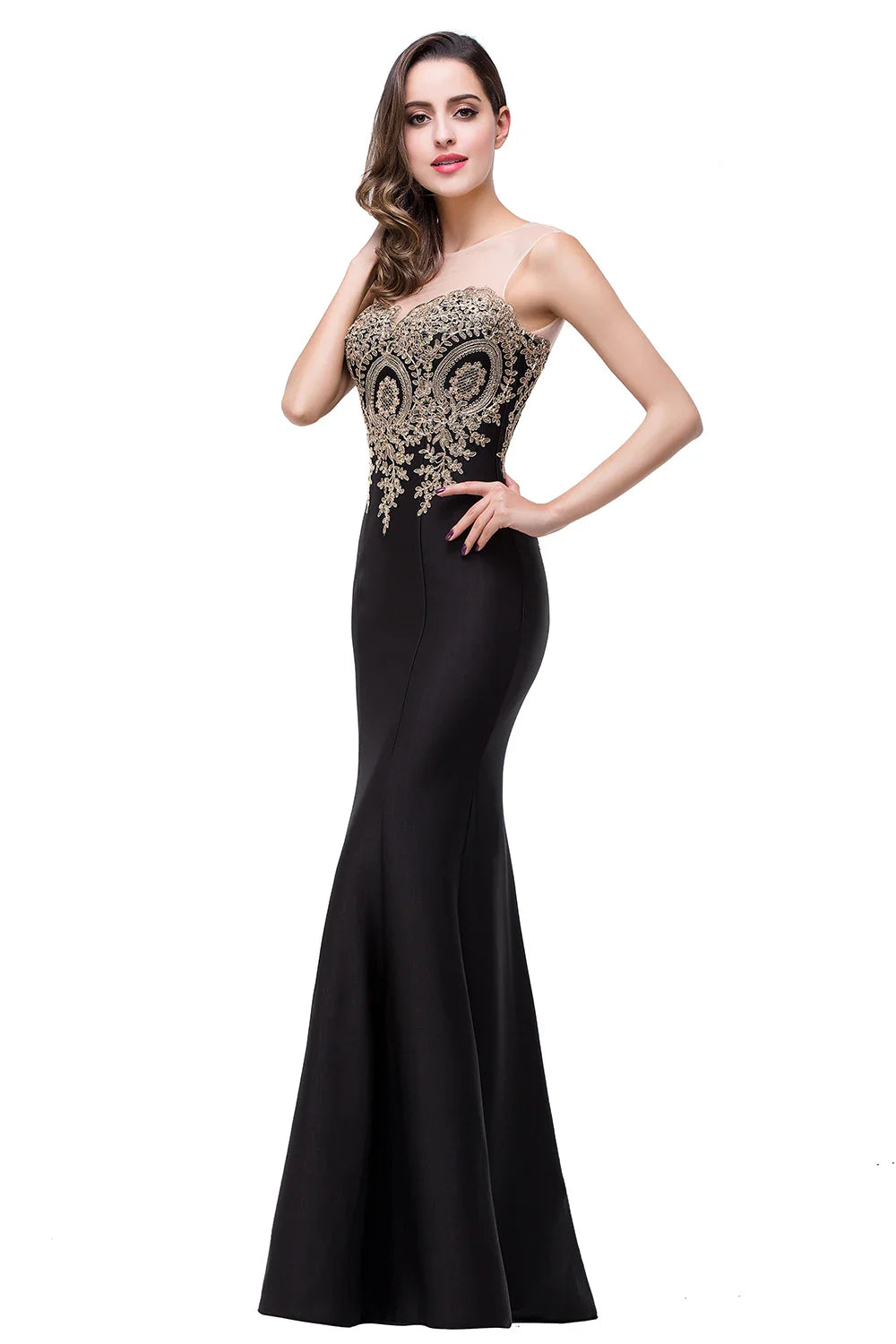 Elegant Mermaid Evening Dress Women Sweetheart Illusion Golden Appliques Lace Wedding Party Prom Gown Robe de Soiree