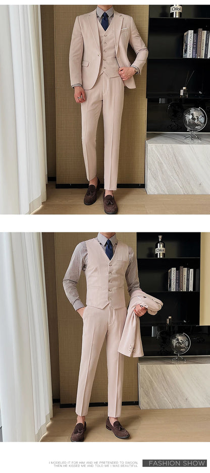( Jacket + Vest + Pants ) High-end Men's Slim Business Casual Suit Groom Wedding Dress Party Suit Blazers Waist Coat Trousers