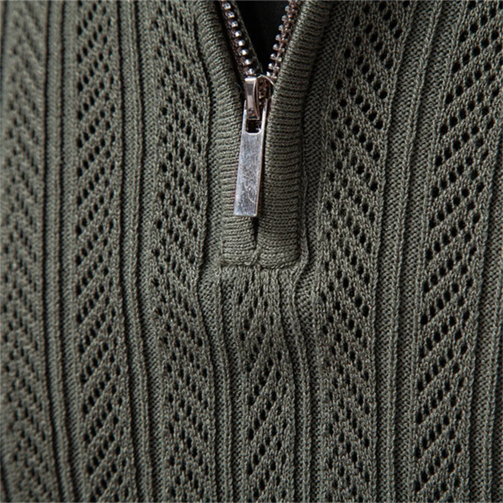Zip Placket Polo Shirt Men Premium Solid Color Slim Fit Long Sleeve Textured Fabric Business Casual Autumn Winter