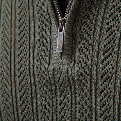 Zip Placket Polo Shirt Men Premium Solid Color Slim Fit Long Sleeve Textured Fabric Business Casual Autumn Winter