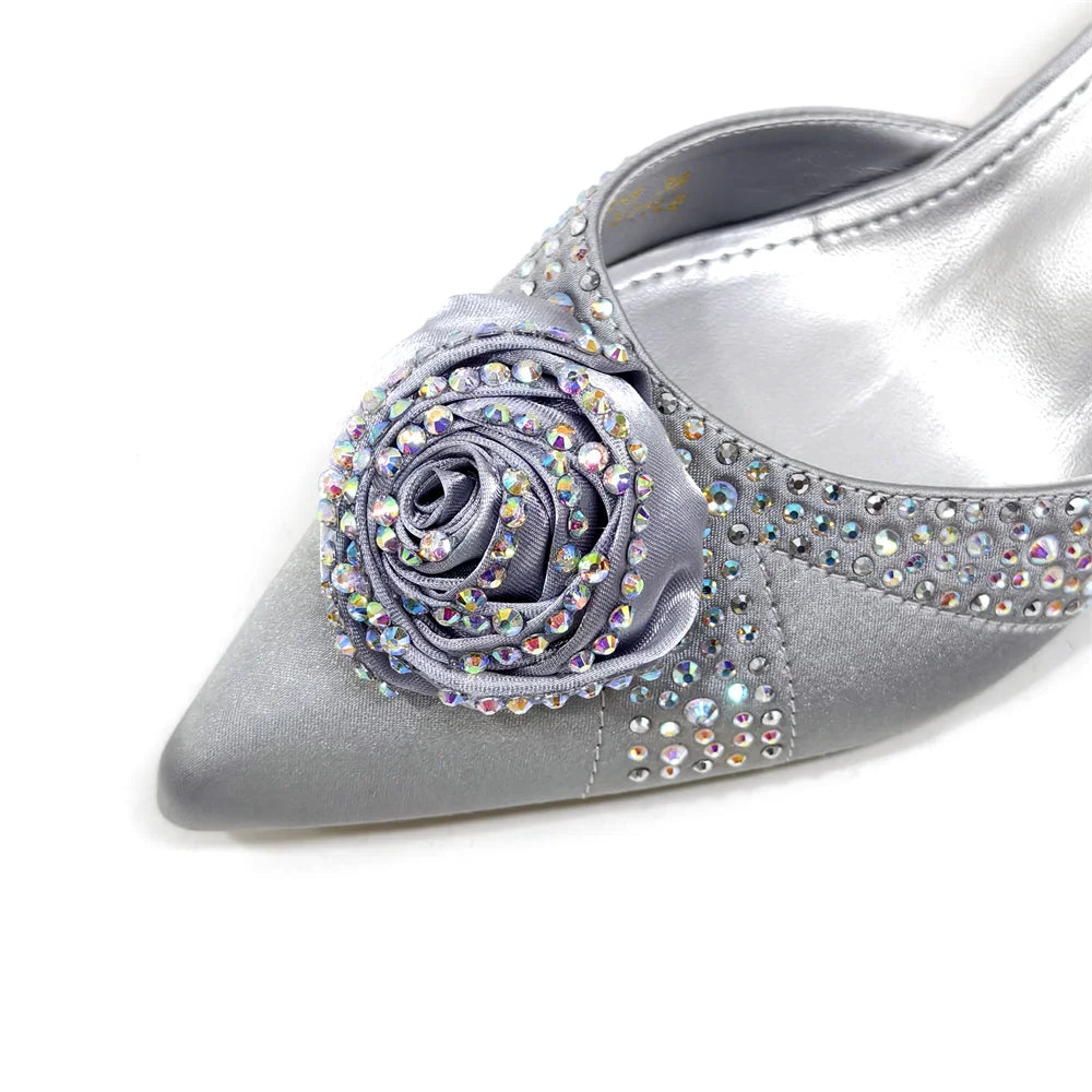 Newest Arrival Fashion Shoes Matching Bag Set in Rose Blossoms Decorated with Rhineston For Ladies Wedding Party