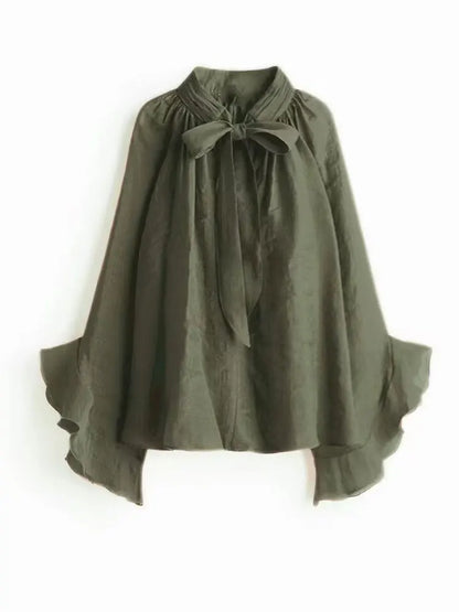 Bow DecorationLoose Long Sleeved Blouses For Women New Fashion Ruffle Edge Shirts and Blouses Woman Top