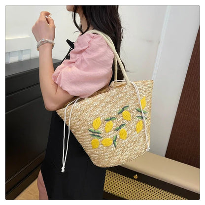 Embroidery Fruit Solid Color Shoulder Bag Straw Woven Hollow Versatile 2025 High Quality Bags for Women New Beach Handbags