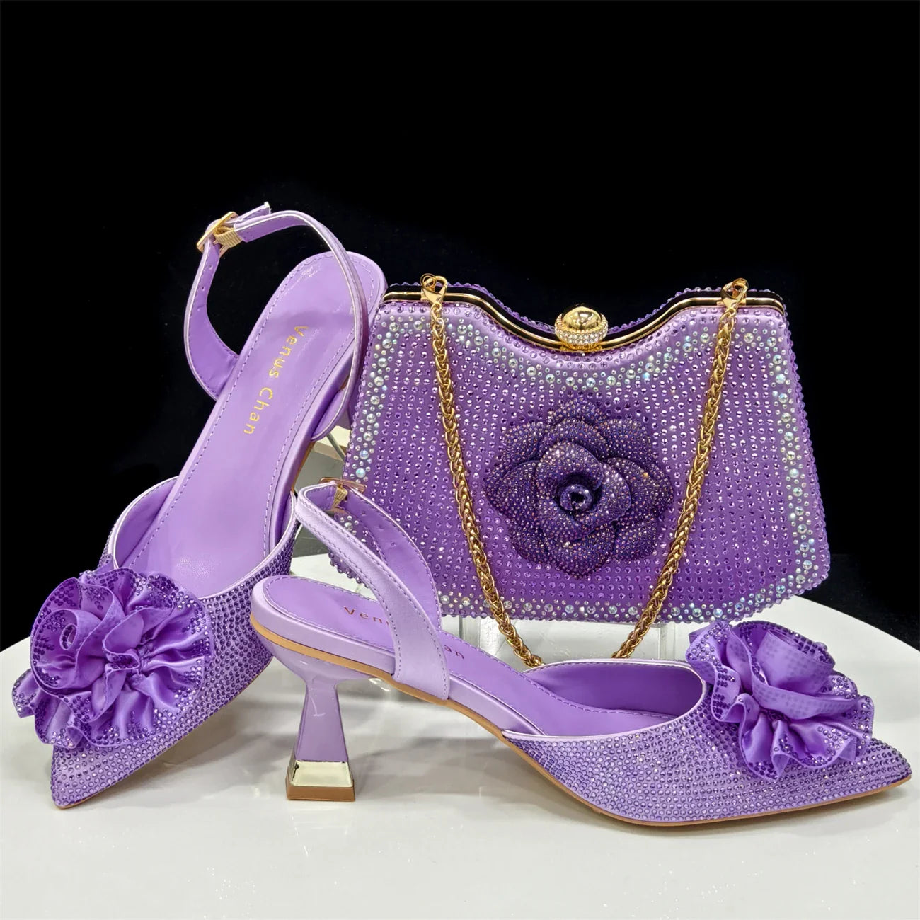 Elegant Shiny Dark blue Handbag and Medium Heel Shoes Set with Beautiful Handmade Flowers for Weddings and Parties