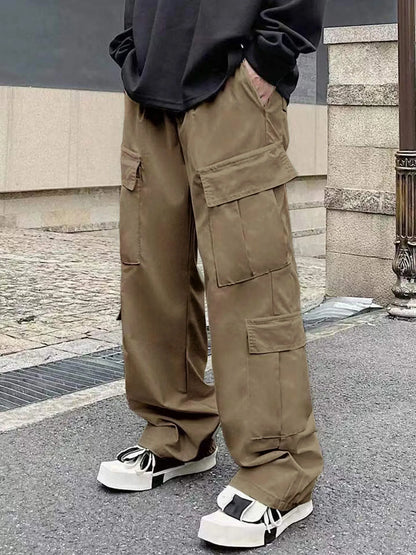 Men's Spring and Autumn Multi-Pocket Cargo Pants with Elastic Waistband and Drawstring Adjustment, Solid Color Multi-Pocket Long Pants Suitable for Outdoor Sports and Leisure