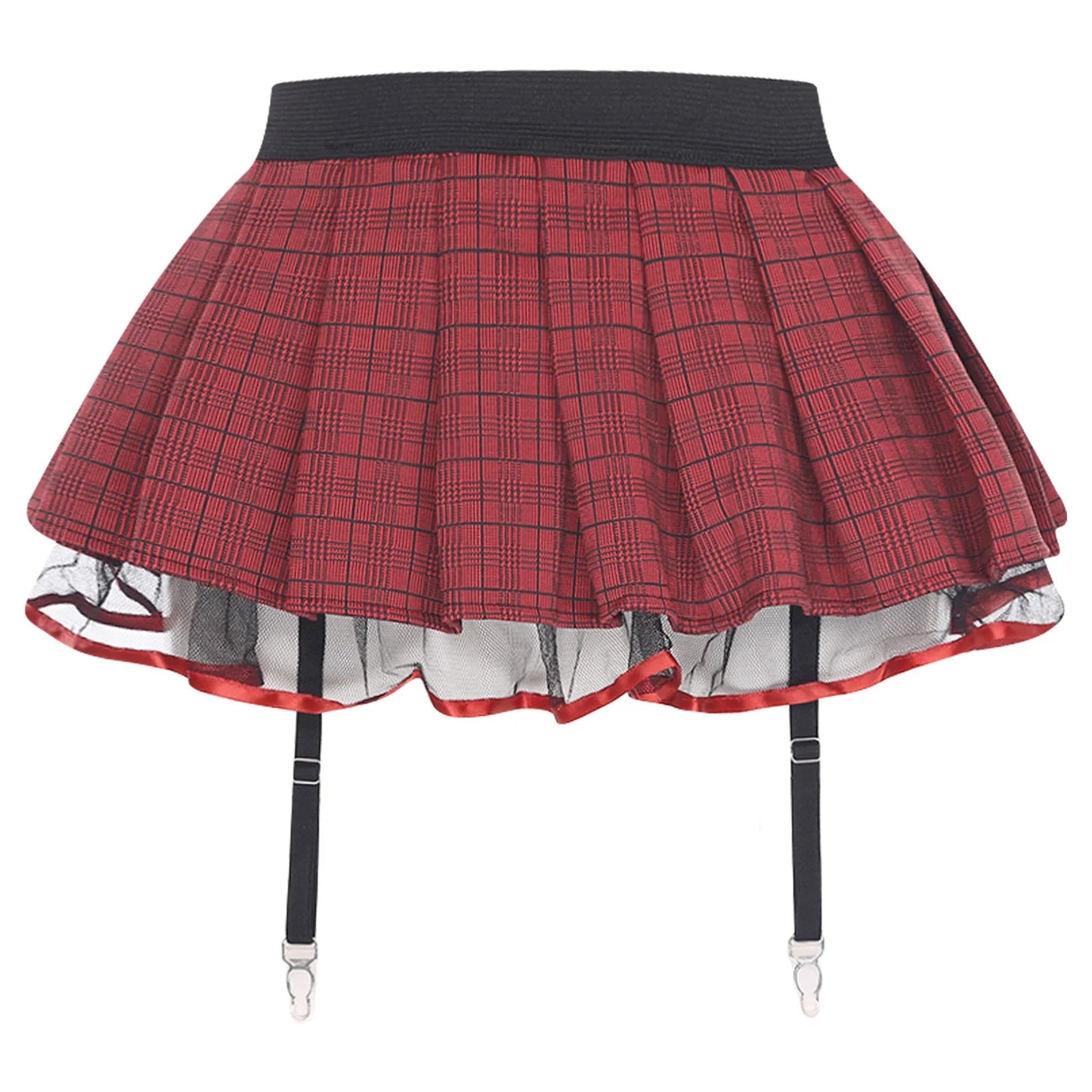 Women's Miniskirt with Garters Schoolgirl Cosplay Costume Plaid Layer with Tulle Lining Elastic Waistband Short Skirt Clubwear