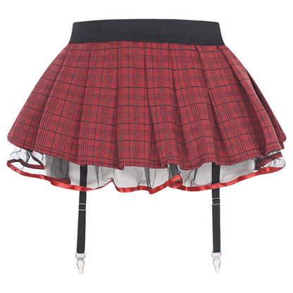 Women's Miniskirt with Garters Schoolgirl Cosplay Costume Plaid Layer with Tulle Lining Elastic Waistband Short Skirt Clubwear