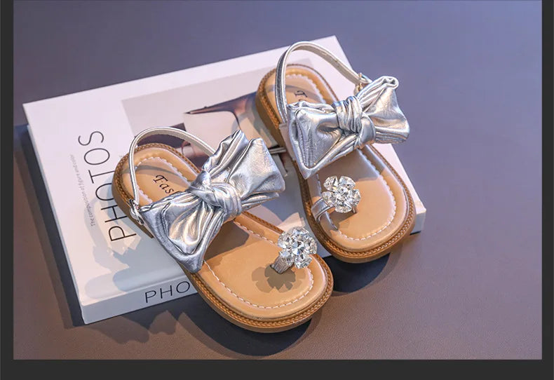 Sparkly Rhinestone Flip Flop for Girls Back Strape Children Slingbacks Shoes Nice Wedding Party Shoes with Large Bow-knot I05302