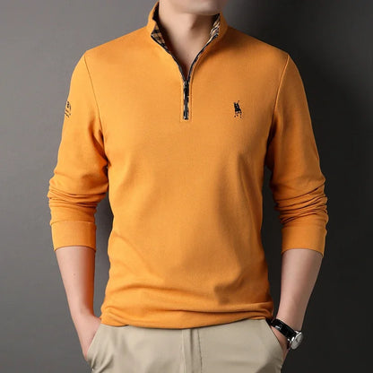 Luxury new Half Zipper Long Sleeve T-shirt 100% Cotton Brand Embroidered Stand Collar Men's Clothing Autumn Casual polo shirt