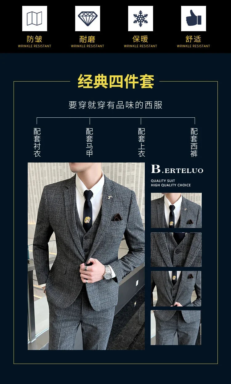 Checkered Suit (Blazer+Vest+Pants) Men's Fashion Hosting Work Business Wedding Casual Linen Art Style Elegant Gentleman's Suit