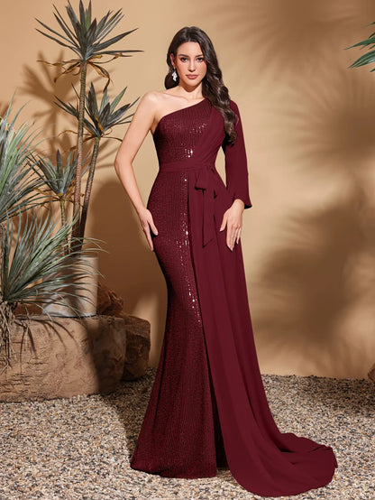 Sequined one-shoulder chiffon patchwork belt-decorated hip dress