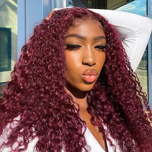 99J Burgundy Lace Front Wigs Human Hair 13x6 Deep Wave HD Lace Frontal Wigs Pre Plucked Human Hair Curly Wigs for Women 36 Inch