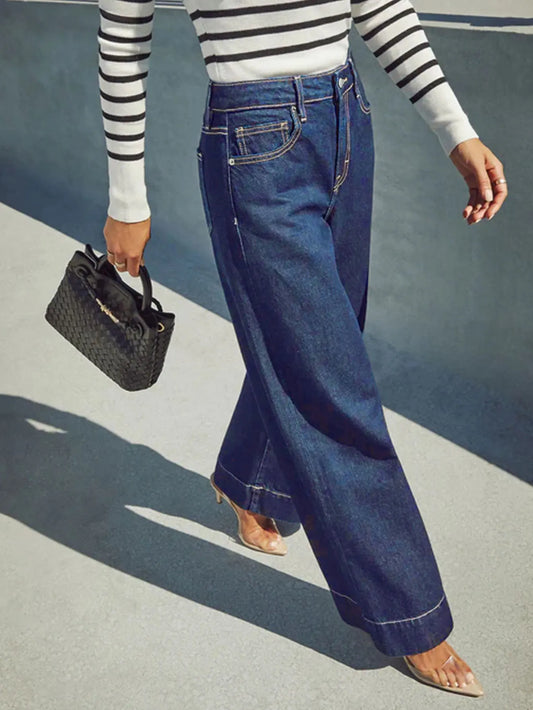 Women's High Waist Wide Leg Jeans - Classic dark blue washed stretch jeans