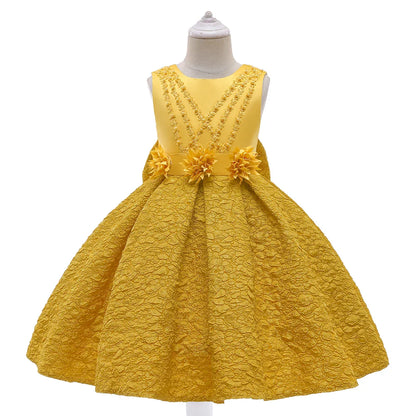 Vestido de festa infantil dourado de verão com laço para meninas Fantasia infantil elegante Flor Casamento Aniversário Vestidos de princesa Roupa de noite para meninas
