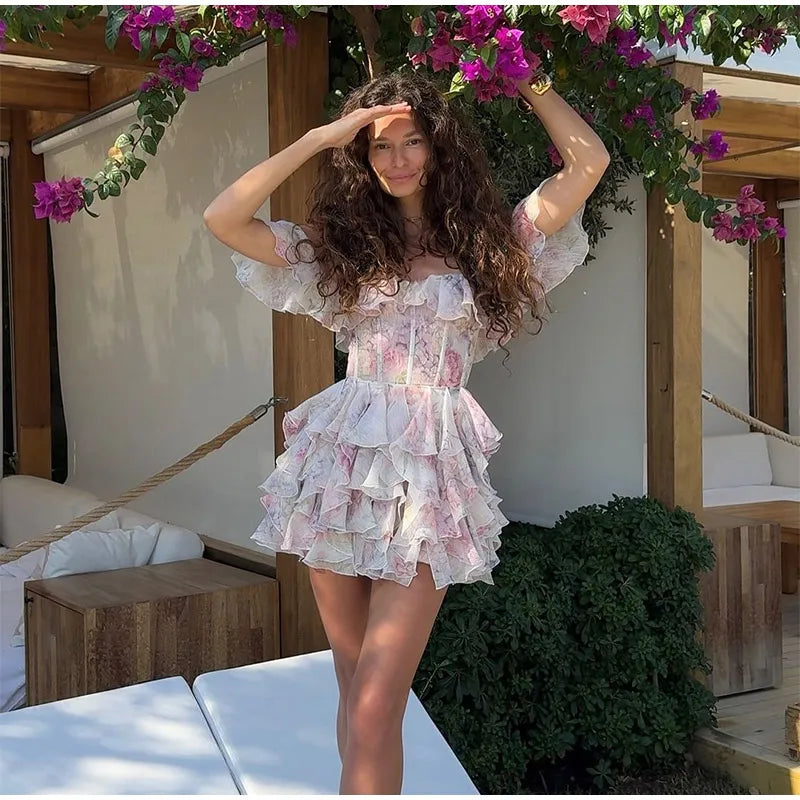Fashion Flower Printed Ruffles Mini Dress For Women Chic Chiffon Bodycon High Waist Vestidos 2025 Lady Vacation Street Gowns New