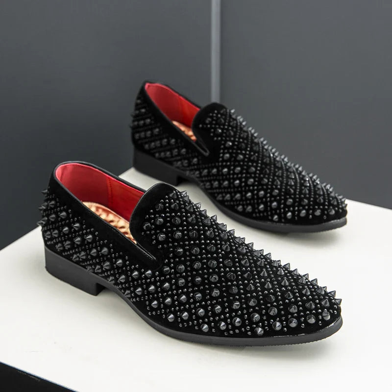 Hairdresser personality trend rivet hot diamond Loafers men's British vintage rhinestone shoe hipster leather shoes
