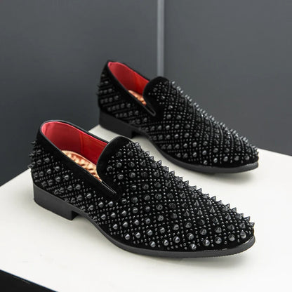 Hairdresser personality trend rivet hot diamond Loafers men's British vintage rhinestone shoe hipster leather shoes