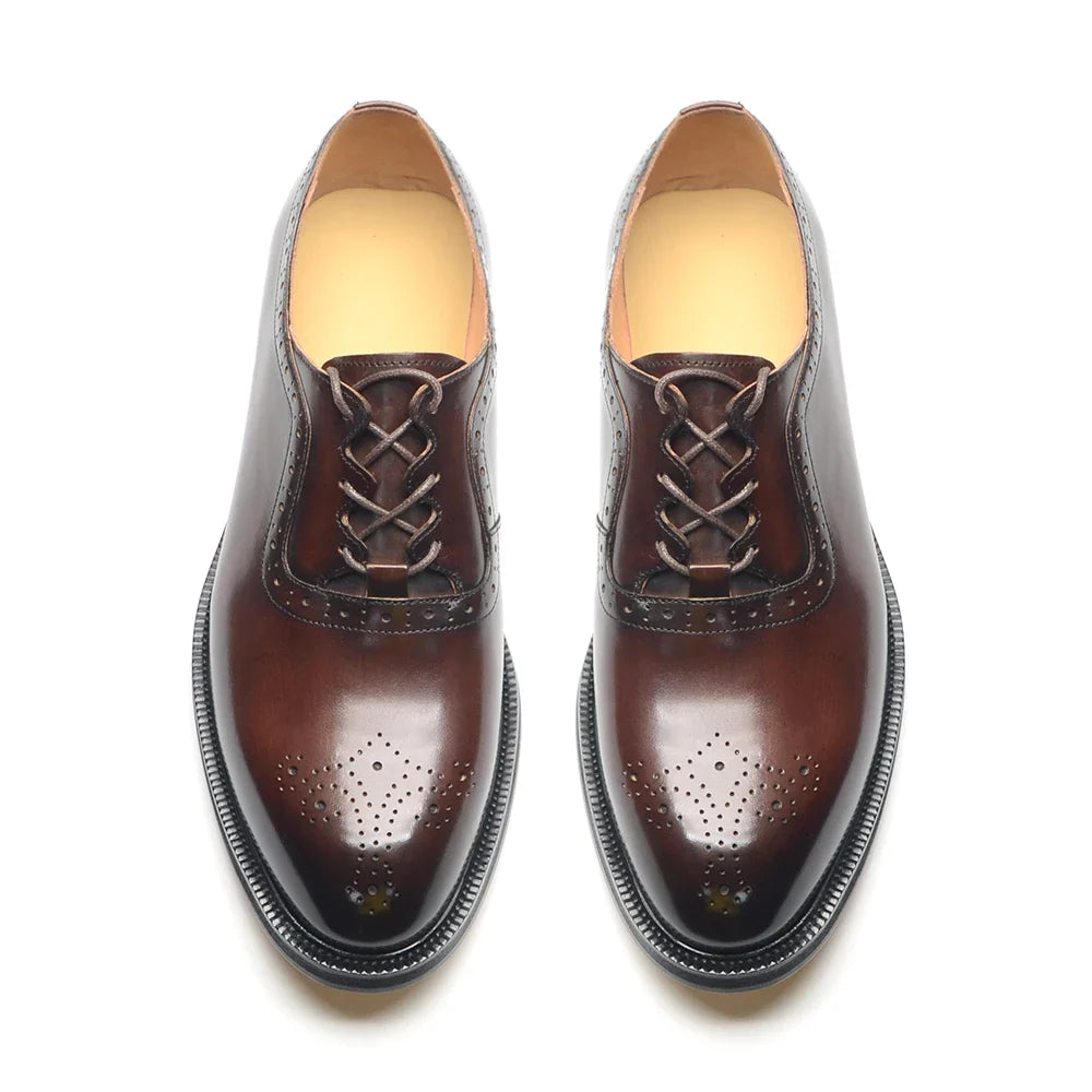 Classy Men's Oxfords Wedding Formal Shoes Handmade Genuine Leather Lace-up Brogue Round Toe Business Office Dress Shoes for Men