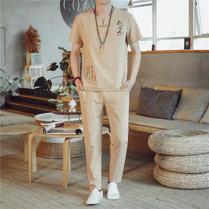 (Shirt + trousers)2025 summer Chinese Style men shirt Cotton and linen shirts men's High quality casual shirts Two Piece M-5XL