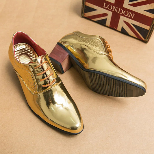 New 2025 Luxury Gold Men High Heel Leather Shoes Moccasins Designer Pointed Dress Shoes Men Wedding Formal Shoes Big Size 46