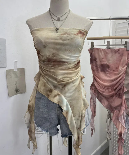 Tie Dye Summer Tops for Women Y2K Strapless Sleeveless Asymmetrical Ruffle Fishtail Ruched Stretch Mesh Vintage Clothes
