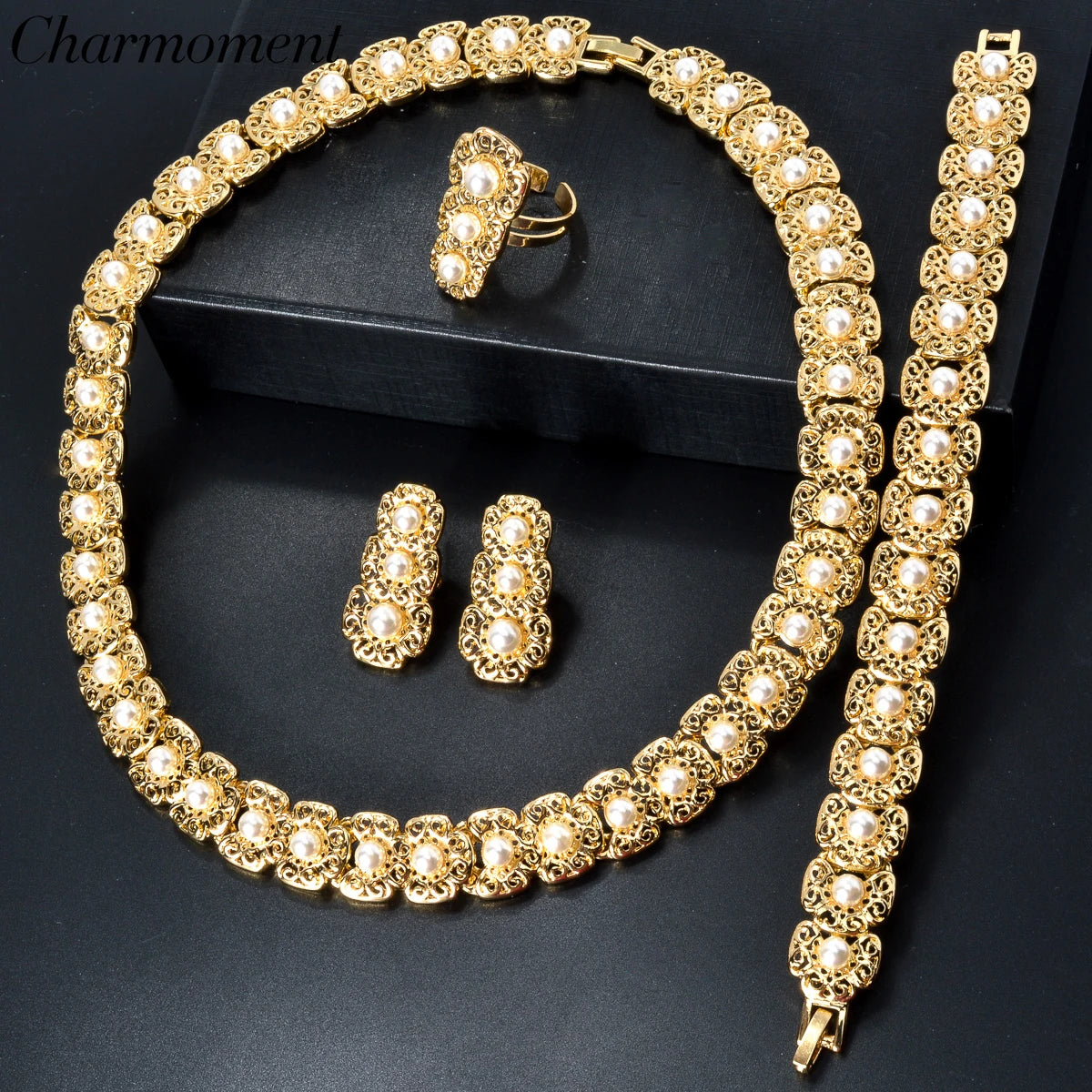 Conjunto de joias de luxo Dubai para mulheres, moderno, colar de pérolas, pulseira, anel, brincos, conjunto de joias banhadas a ouro 18k