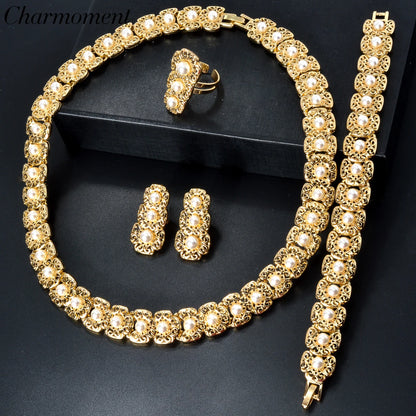 Conjunto de joias de luxo Dubai para mulheres, moderno, colar de pérolas, pulseira, anel, brincos, conjunto de joias banhadas a ouro 18k