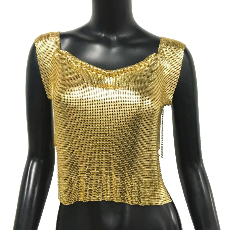 Women Metal Sequins Crop Tops Sexy Hollow Out Sleeveless Backless Y2k Tank Tops Nightclub Party Rave Festival Camisole 2023 New