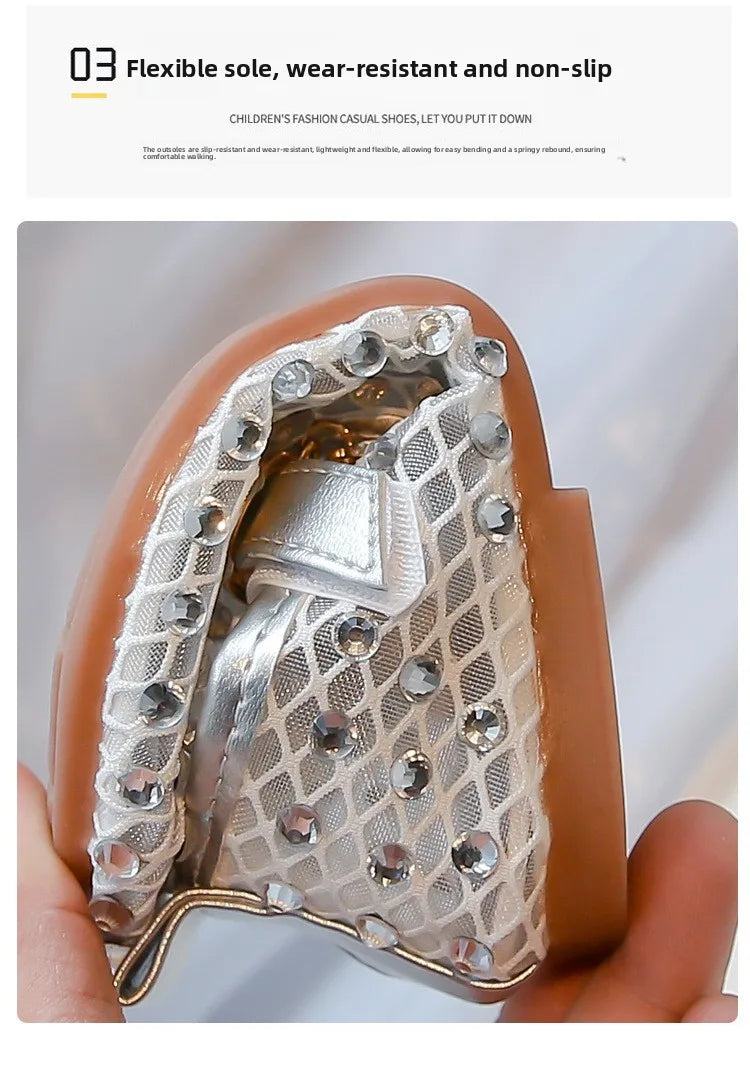 2026Summer Girl's Sandals Crystal Air Mesh Biege Sliver Luxury Kids Flat Shoes Beautiful Party Graceful Anti-skid Childern Shoes