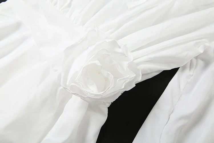 3D Flower Decoration Dress Women Y2K Sweet Style Flare Sleeve Ruched Ribbon Vacation Fashion Summer Mini Bodycon