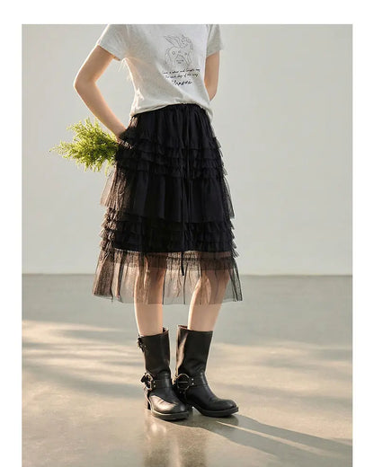 Korean Style Lace Elastic Waist Cake Skirt Mesh Puffy Skirt Women's Dress Knee Length Casual A-Line Skirt Micro Stretch No Slit