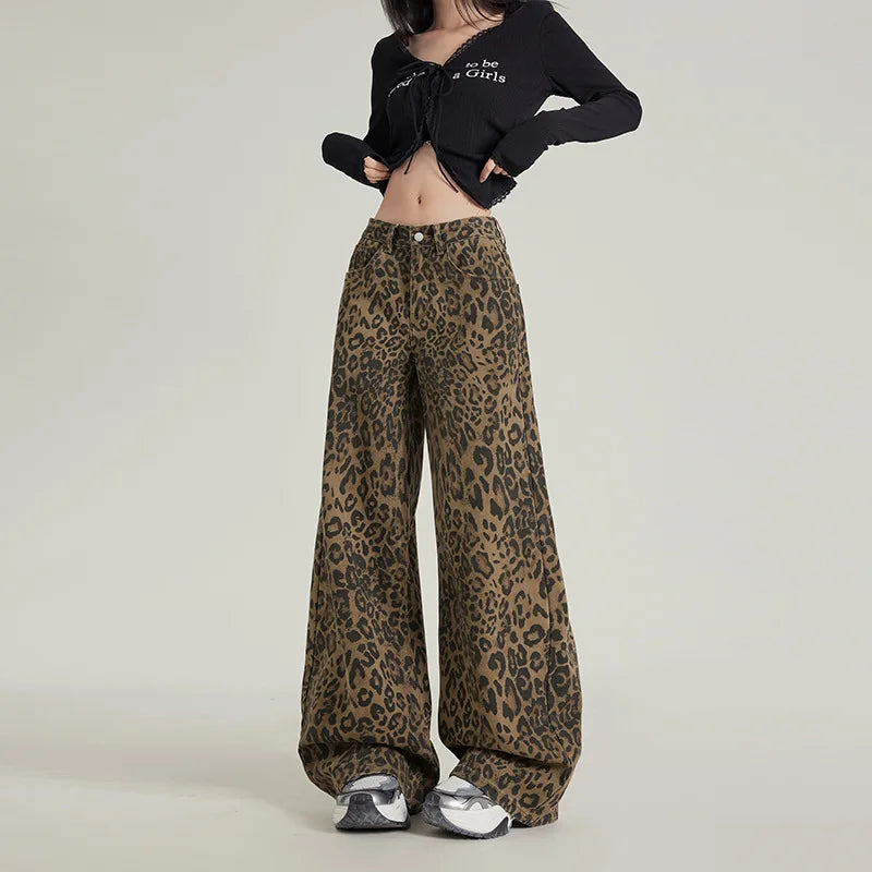High Waist Leopard Jeans Women Wide Leg Jean
