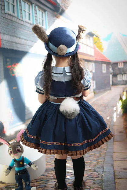 Judy Cosplay Costume Kids Carnival Party Dress Girls Tie Headdress Belt Socks Sets Police Role Play Movie Uniform Birthday Gift