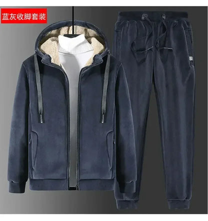 Men Sports Suits Tracksuit Sets Hoodies Casual Hooded Warm Sweatshirts+Pants Thicker Fleece New Jacket+Pants 2 Pieces Velvet Set