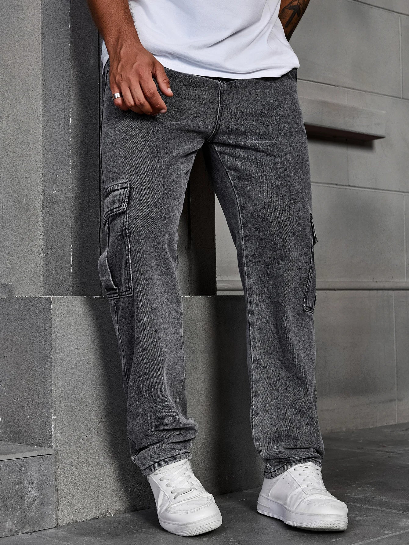 Men's Fashionable Multi-pocket Rrey Cargo Jeans Durable Non-stretch Workwear Denim Trousers Men's Pants Size XS-XL