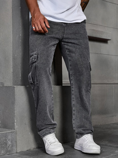 Men's Fashionable Multi-pocket Rrey Cargo Jeans Durable Non-stretch Workwear Denim Trousers Men's Pants Size XS-XL