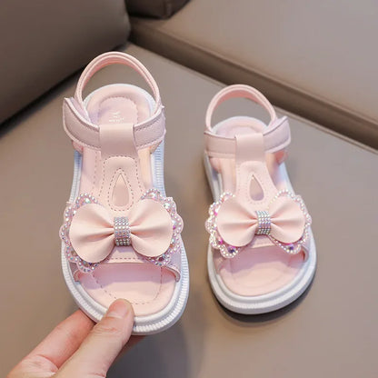 Girl Sandal Kid Summer Elegant Bling Rhinestone Party Princess Beach Shoes Cute Bowknot School Shoes for Kids Flat Heel F05201