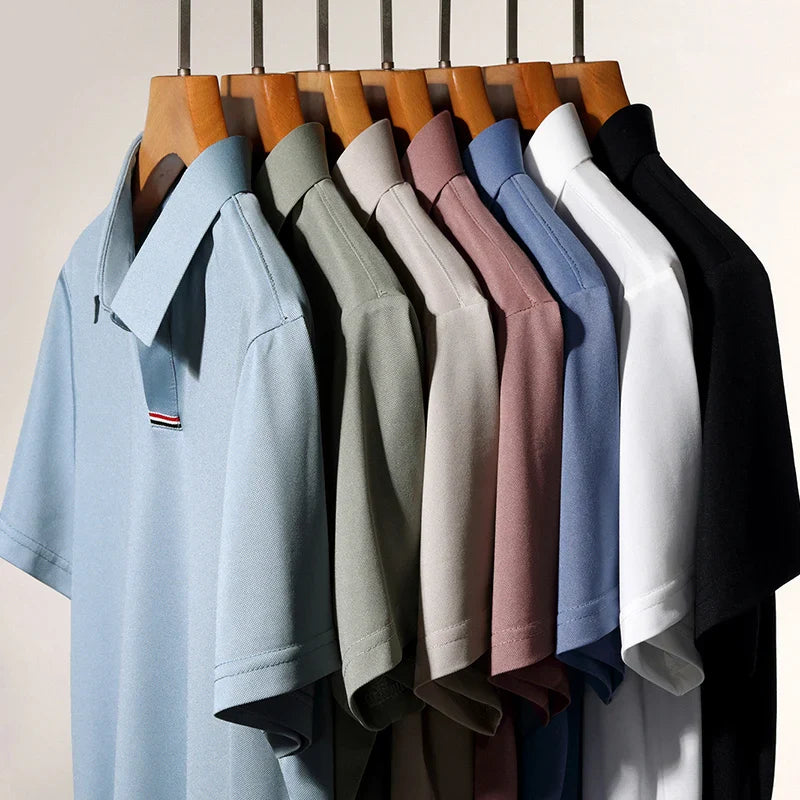 High quality brand solid color V-neck short sleeve polo shirt men summer fashion simple casual ice silk breathable lapel T-shirt