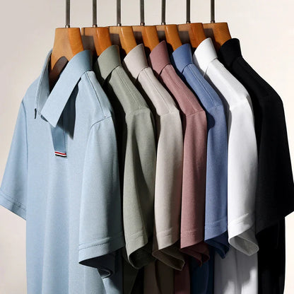 High quality brand solid color V-neck short sleeve polo shirt men summer fashion simple casual ice silk breathable lapel T-shirt