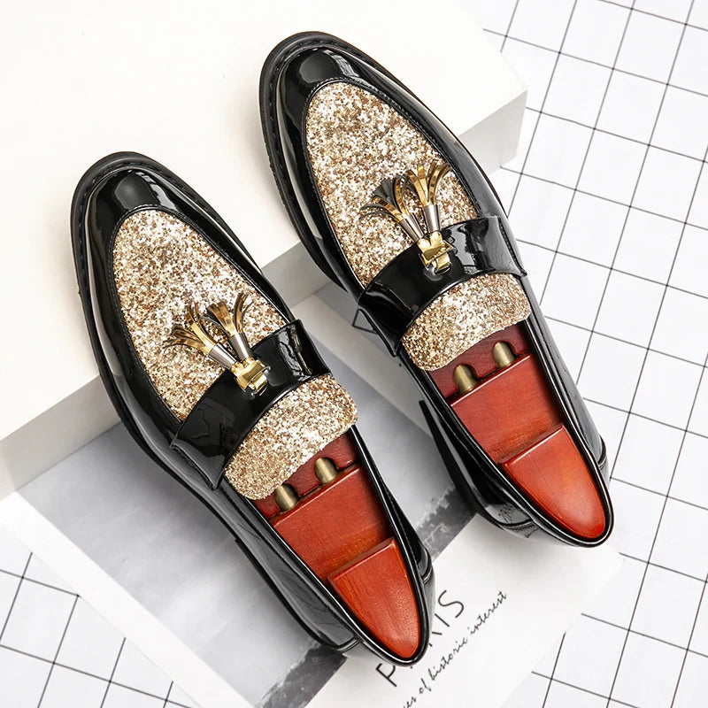 Men's Sequined Leather Dress Shoes – Shiny Formal Party Footwear, Black/Gold, EU 40–47