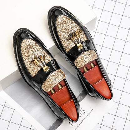 Men's Sequined Leather Dress Shoes – Shiny Formal Party Footwear, Black/Gold, EU 40–47