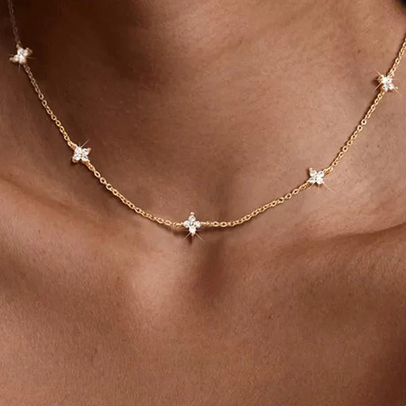 Dainty Lucky Leaf Necklace for Women 925 Sterling Silver Trendy 14K Gold Plating Cute White CZ Flowers Pendant Choker Necklaces