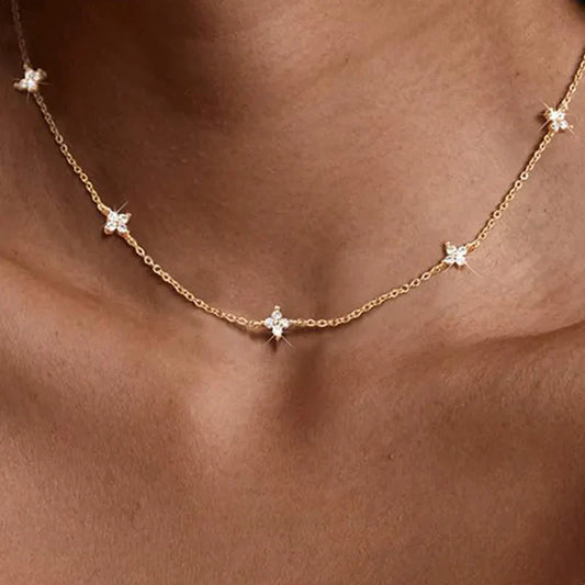 Dainty Lucky Leaf Necklace for Women 925 Sterling Silver Trendy 14K Gold Plating Cute White CZ Flowers Pendant Choker Necklaces
